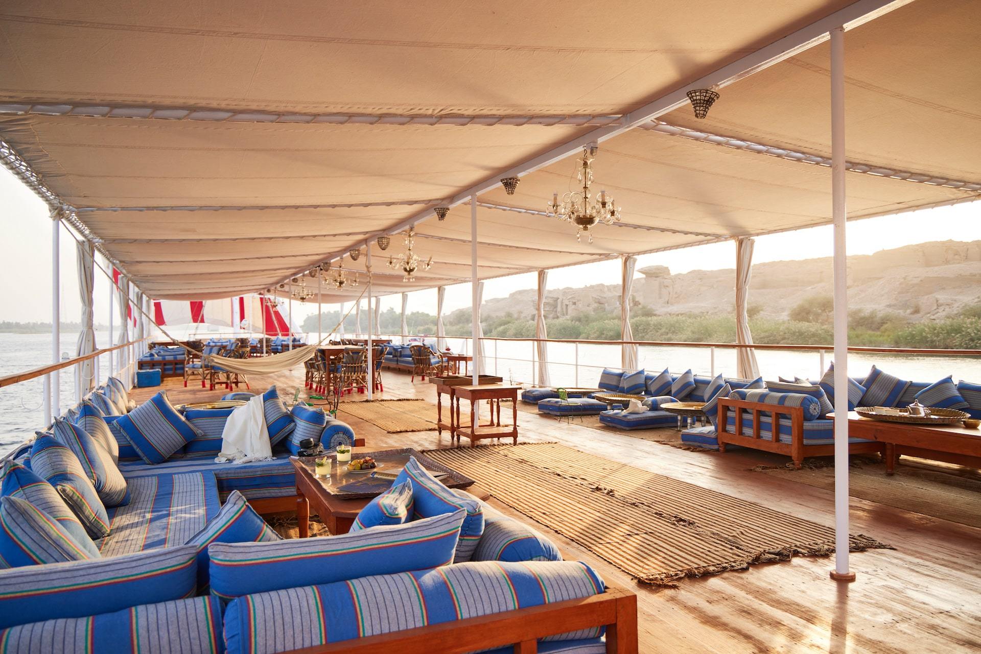 Luxury Nile cruise boat on the river between Luxor and Aswan in Egypt