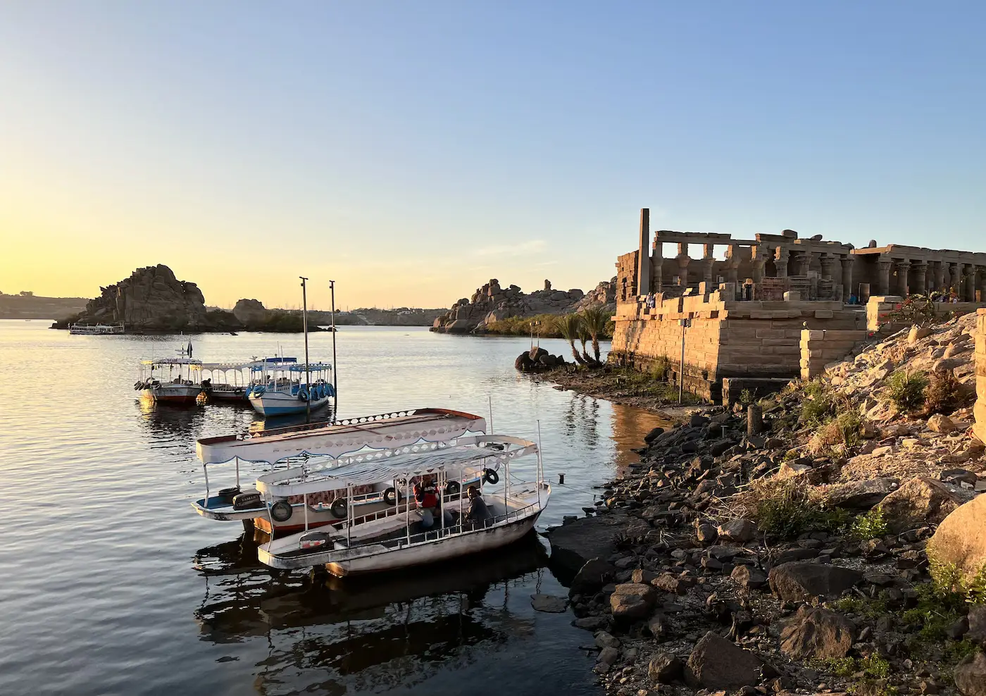 Columns and carved walls at Philae Temple, Aswan, seen on a private evening tour in Egypt