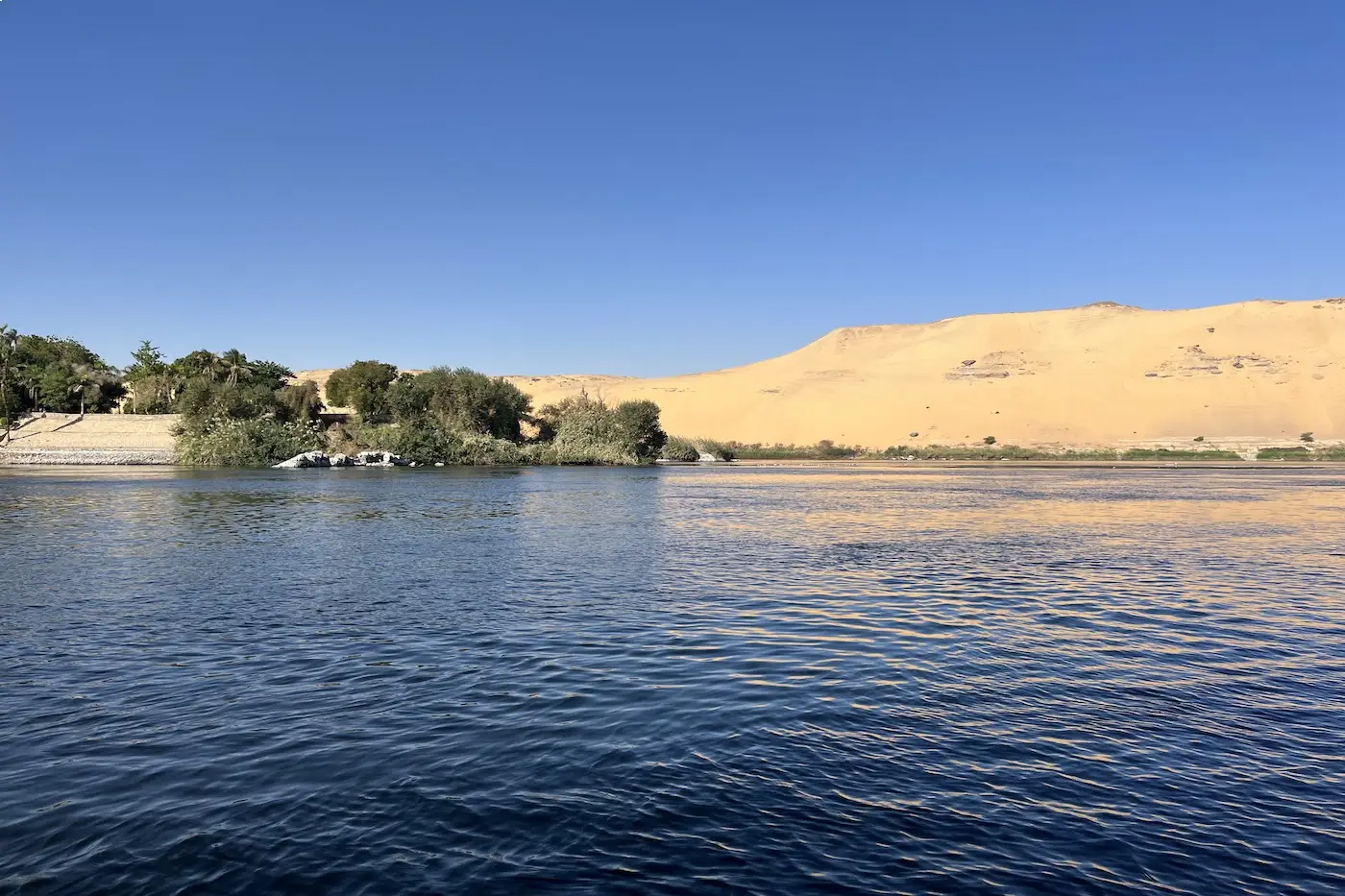 A shaded, palm-lined garden path on a Nile island in Aswan, the unhurried side of a luxury honeymoon in Egypt