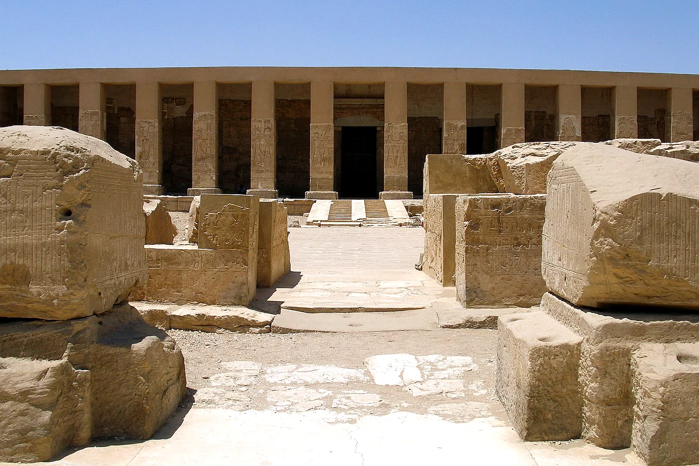Carved and painted reliefs inside the Temple of Seti I at Abydos, the Osiris temple visited from Luxor
