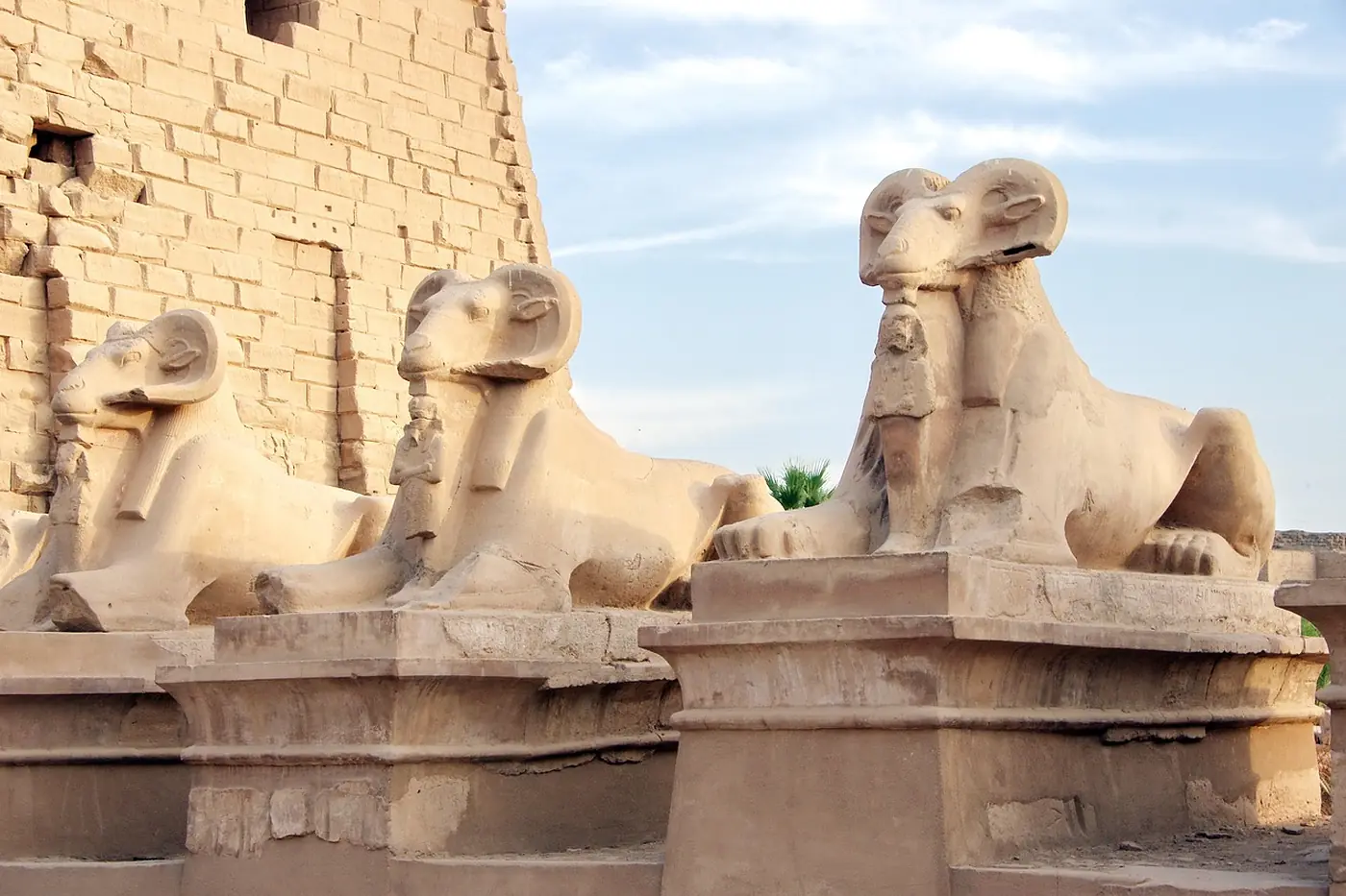 Ram-headed sphinxes at Karnak, the northern end of the Avenue of Sphinxes linking Karnak and Luxor Temple